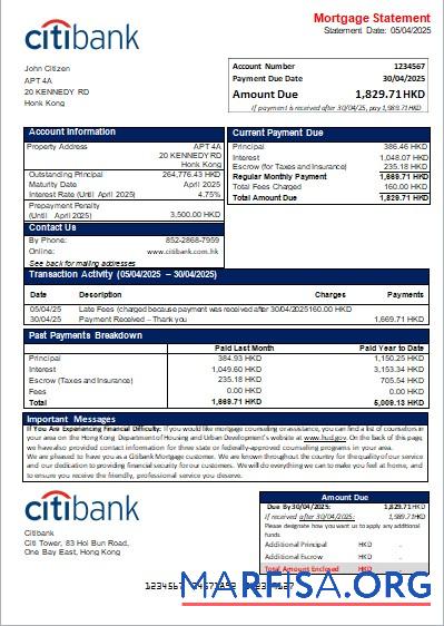 Downloadable Hong Kong Citibank bank mortgage statement scr template